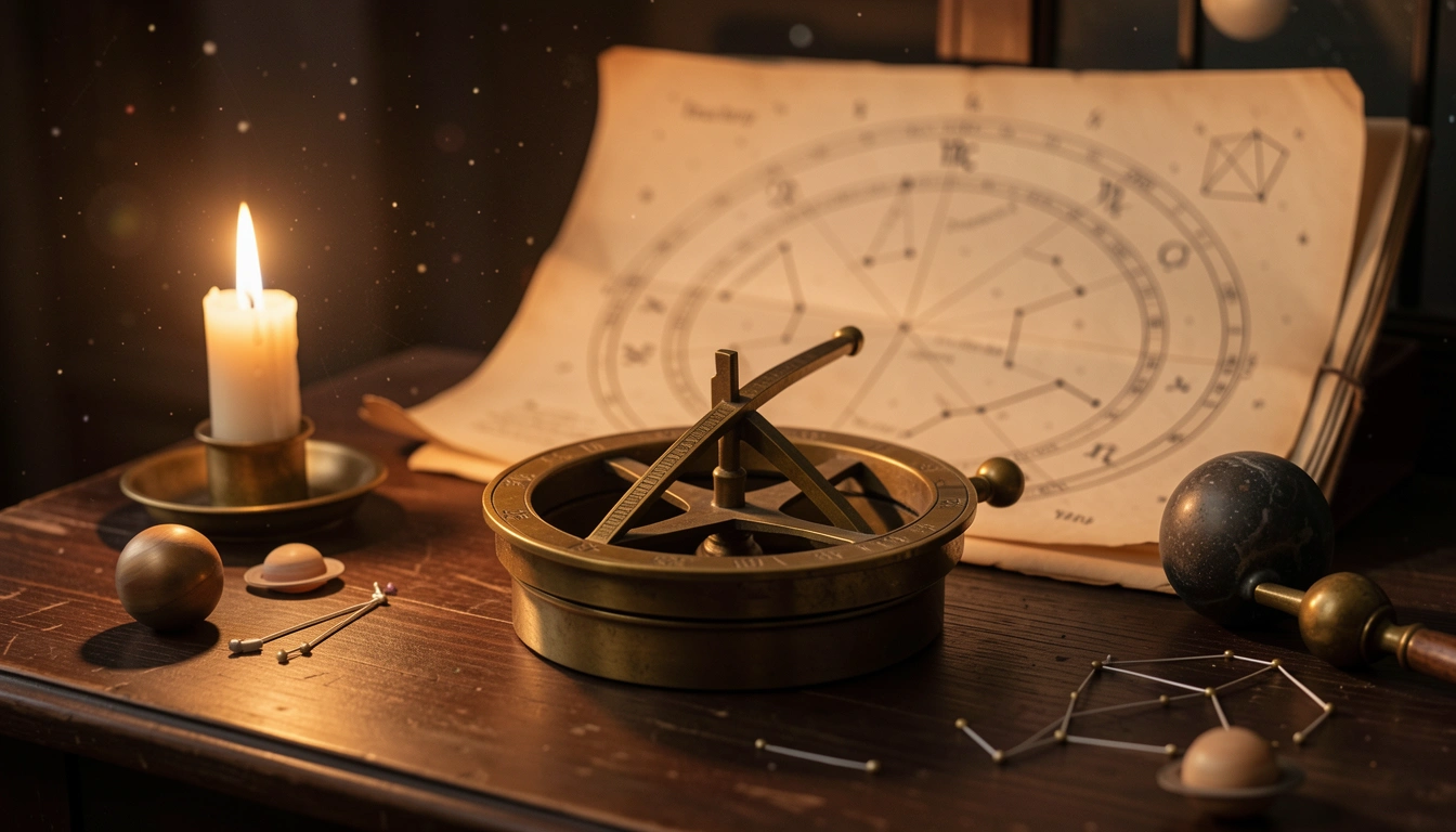 Antique brass astrolabe on wooden table with candlelight and star chart background