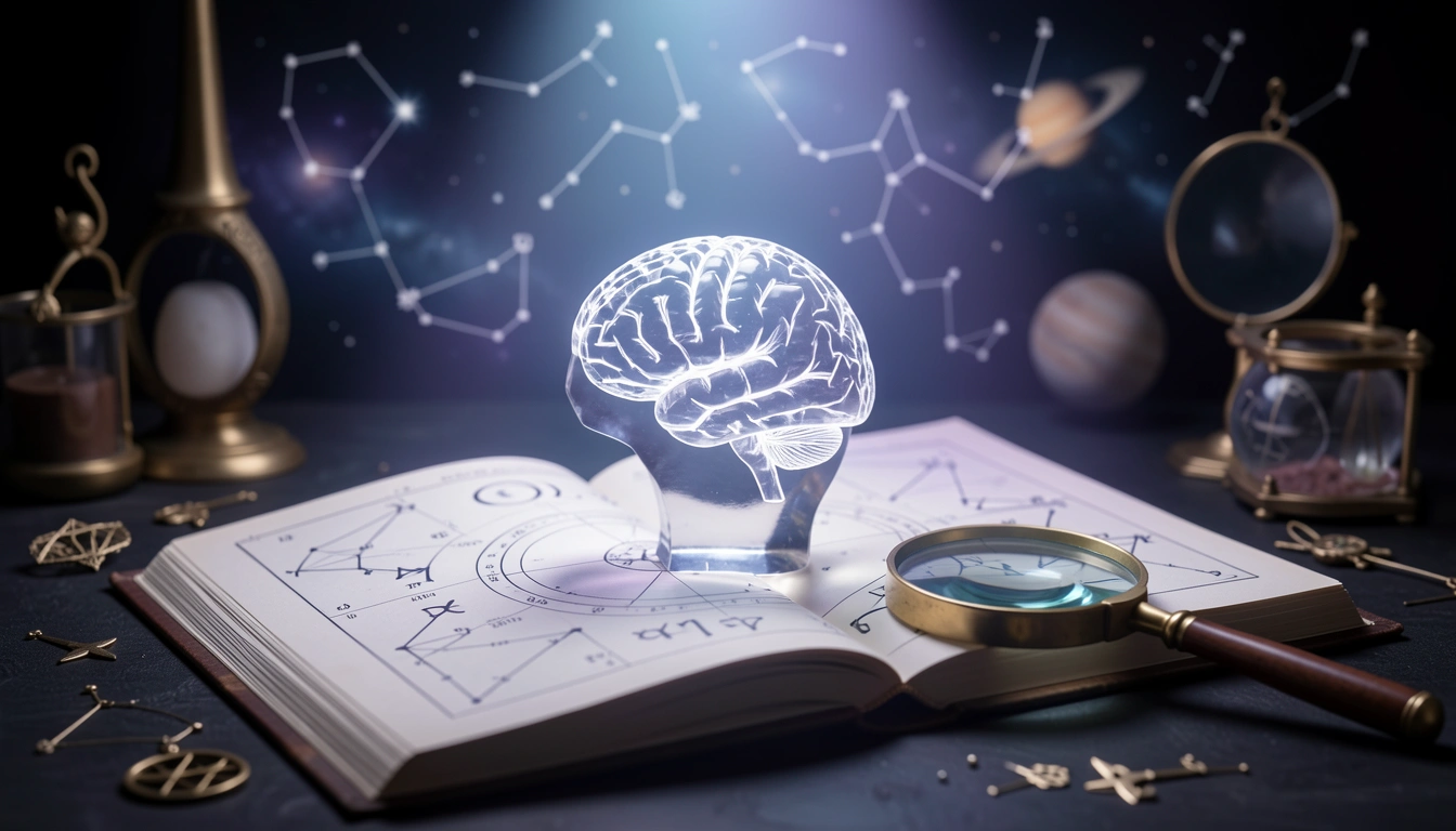 Quartz crystal brain on open astrology book with magnifying glass, blue lighting
