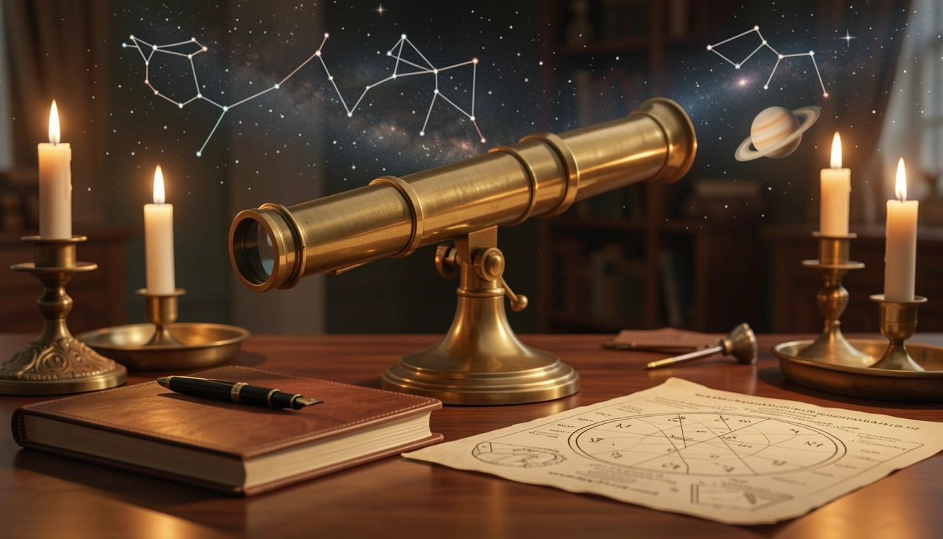 Antique brass telescope on a mahogany desk with a star chart and journal under candlelight