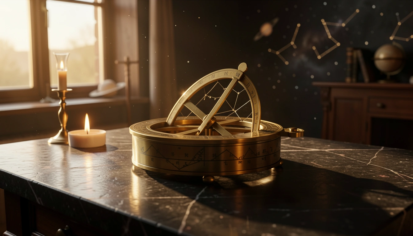 Brass astrolabe on polished stone under golden side-light