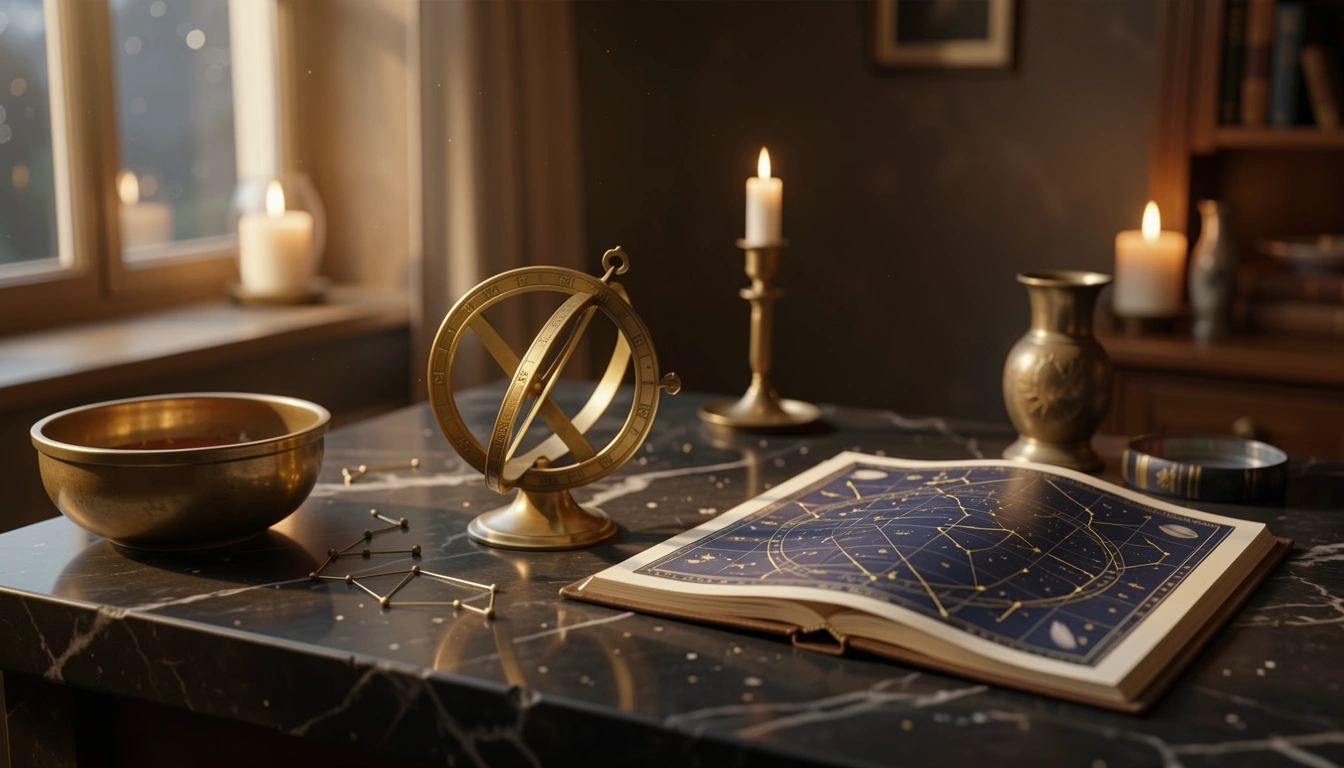 Brass astrolabe and star chart on dark stone in golden light