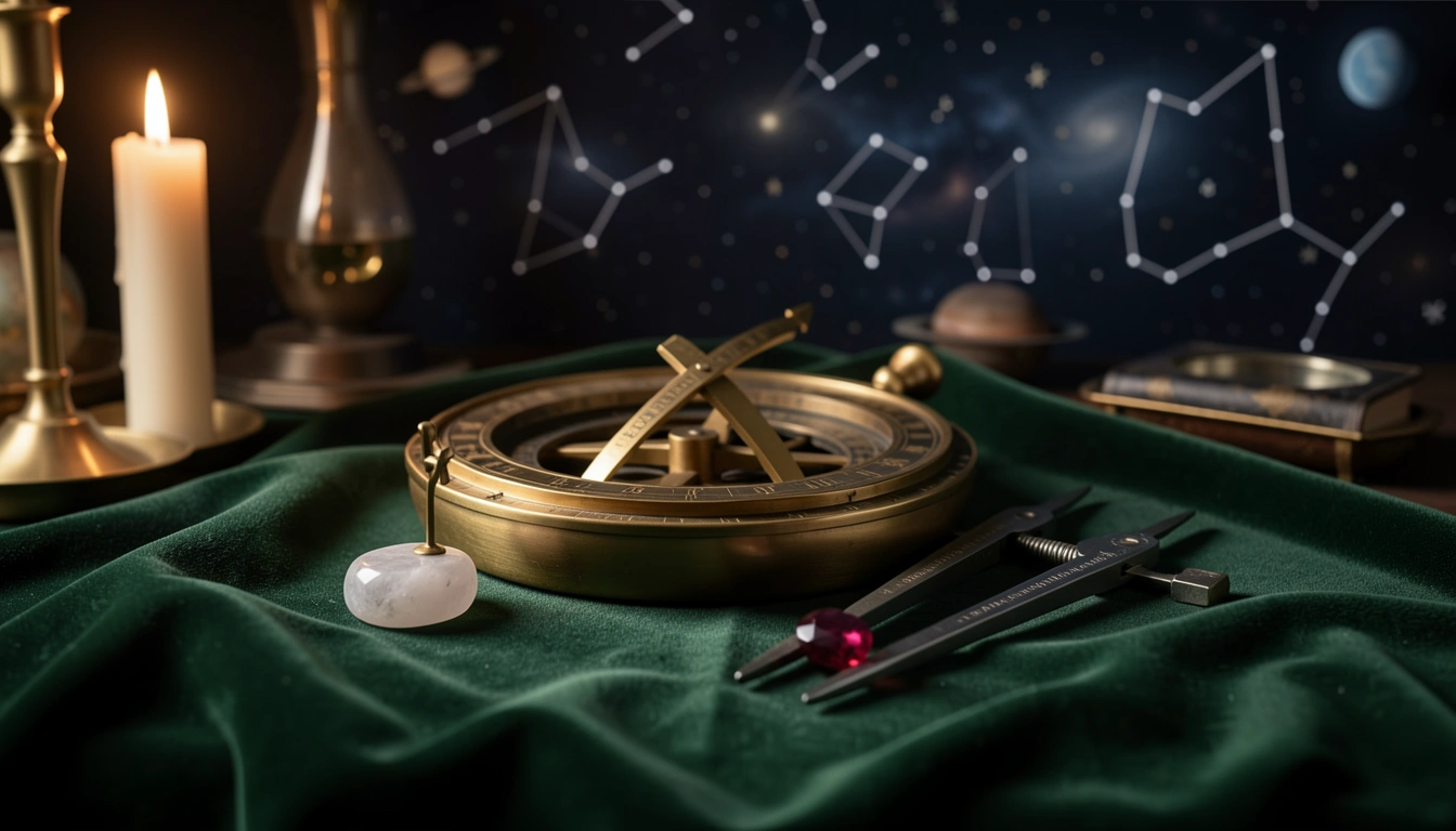 Brass astrolabe and dividers measuring the distance between two gemstones by candlelight