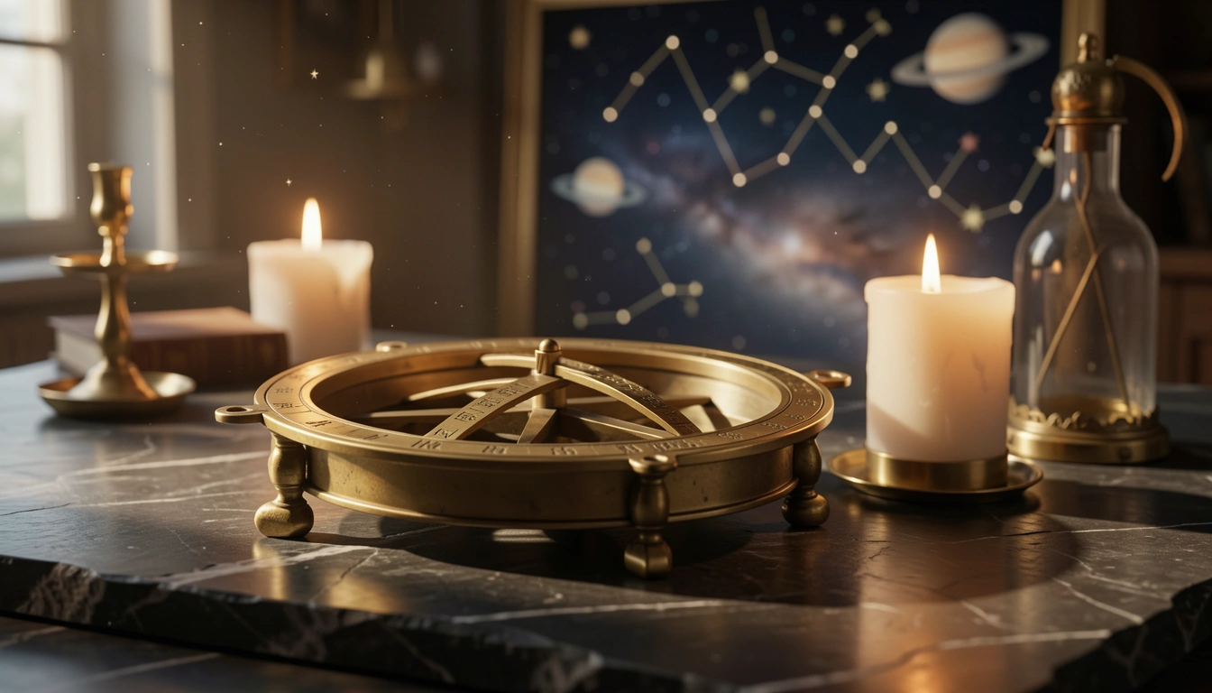 Brass astrolabe with engraved degree markings on dark stone under candlelight