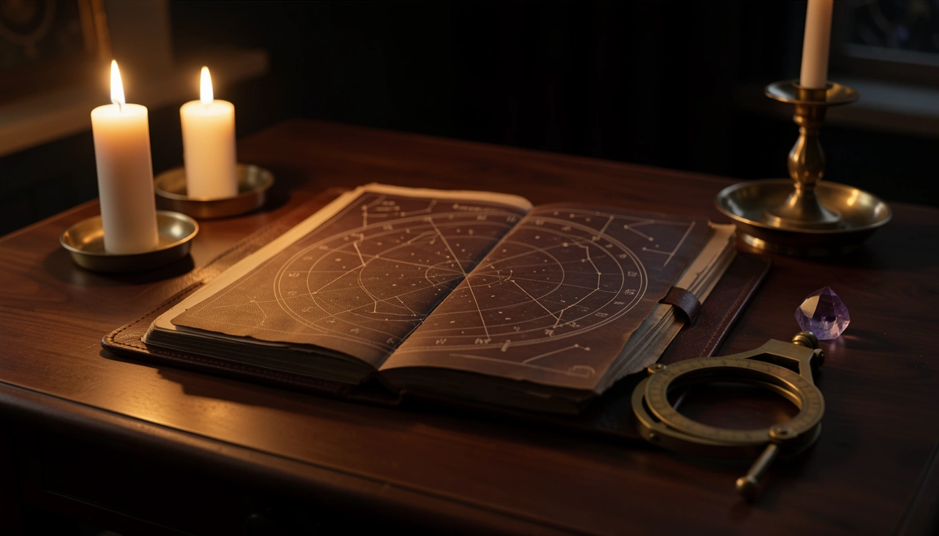 Candlelit desk with an open star chart, brass sextant, and amethyst crystal