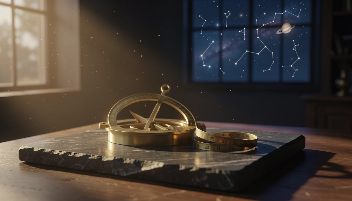 Brass astrolabe and sextant rings on dark stone under raking golden light