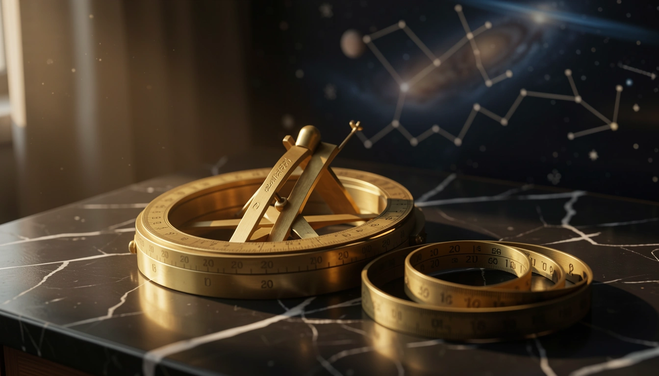 Brass astrolabe and sextant rings on dark marble under raking golden light