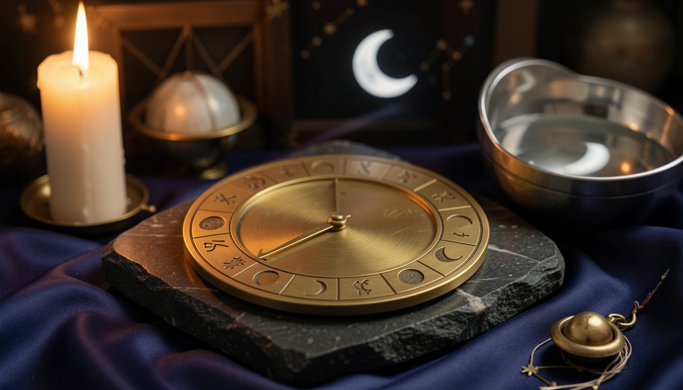 Brass lunar phase wheel and crescent moon reflection on dark stone under candlelight
