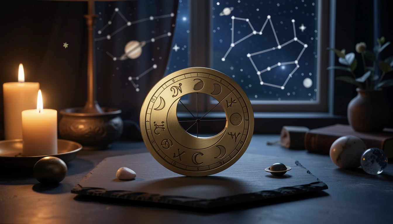 Brass moon phase wheel on dark stone under candlelight
