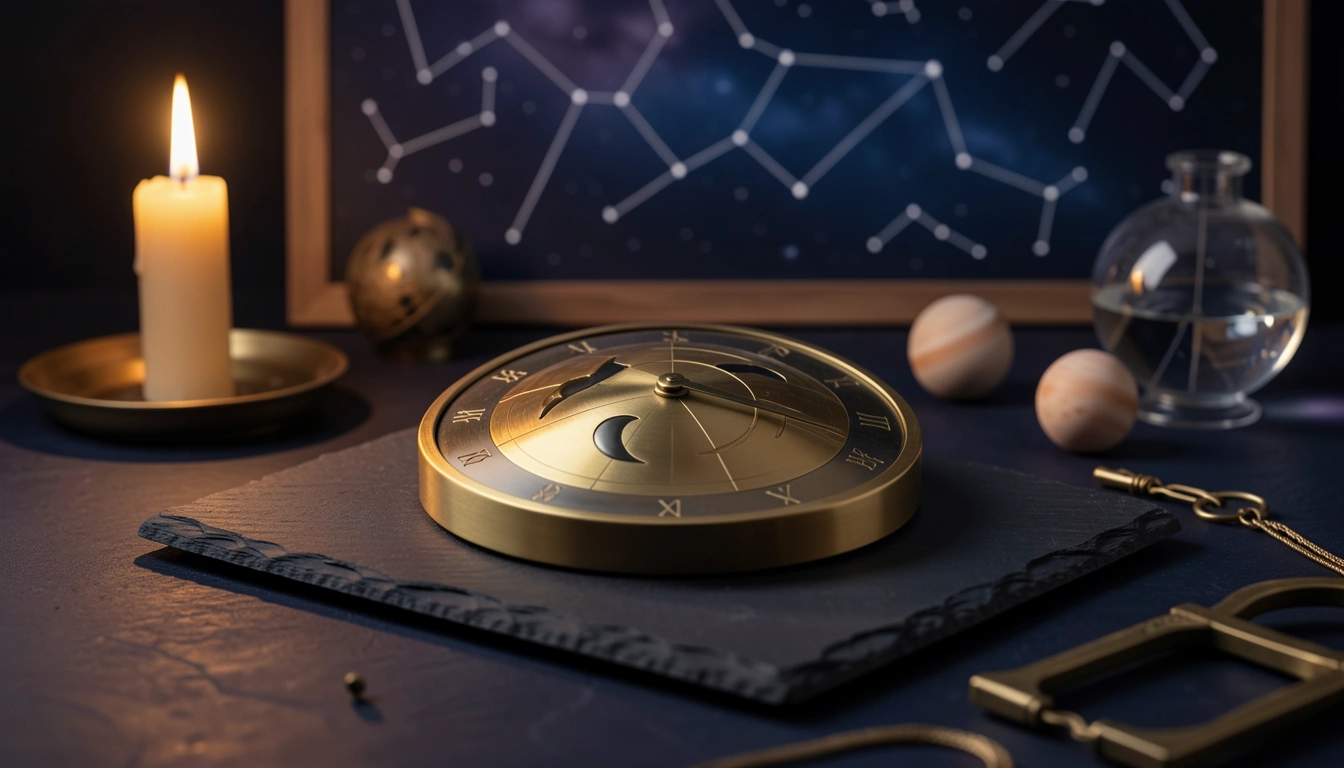 Brass lunar phase dial showing crescent reflections under candlelight