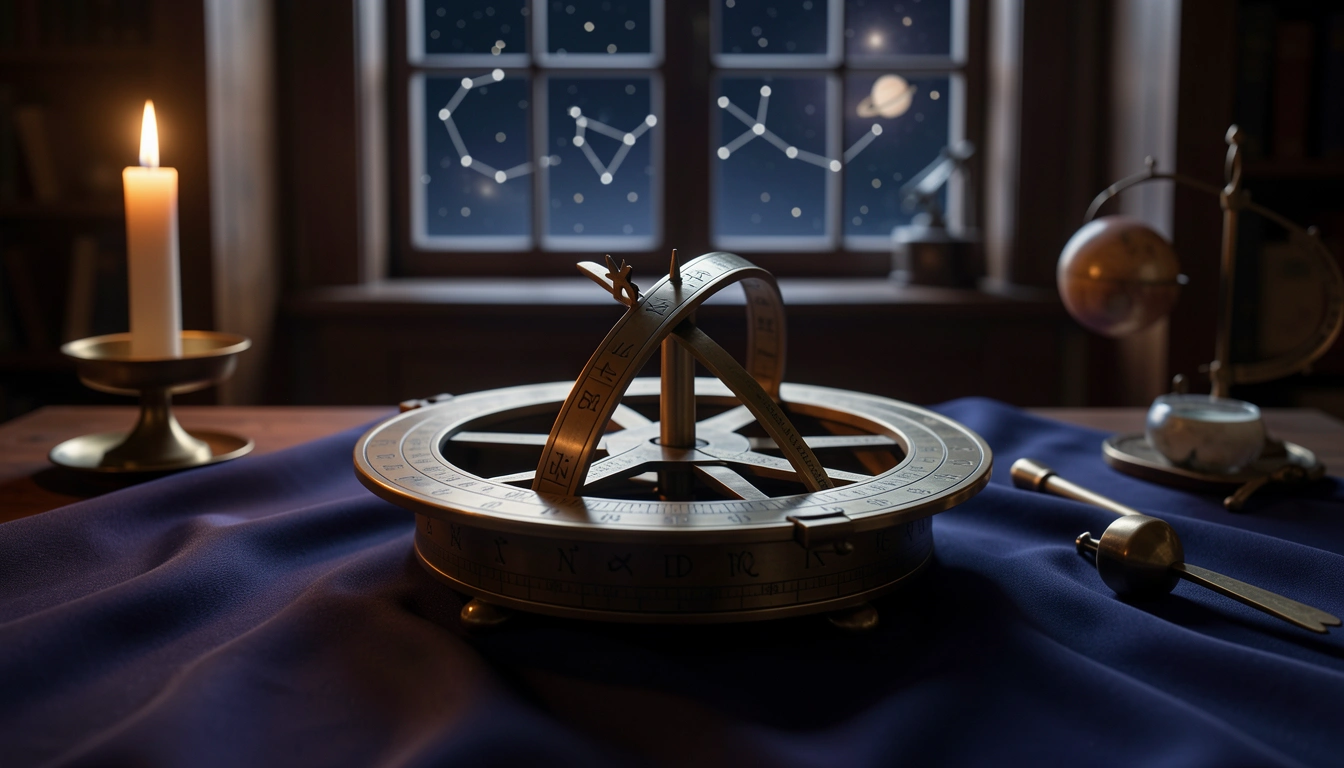 Brass astrolabe on indigo silk lit by candlelight