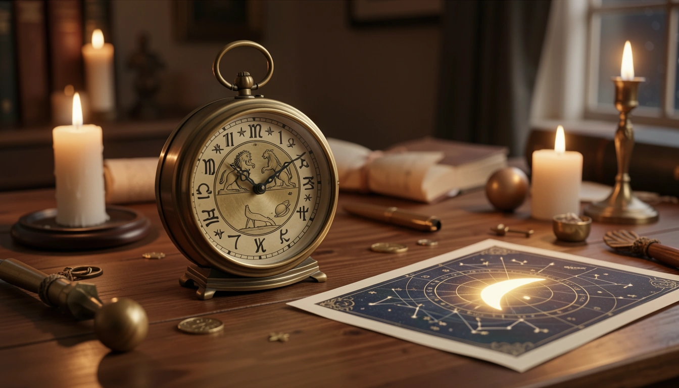 Antique brass clock and birth certificate with natal chart and moon symbol by candlelight