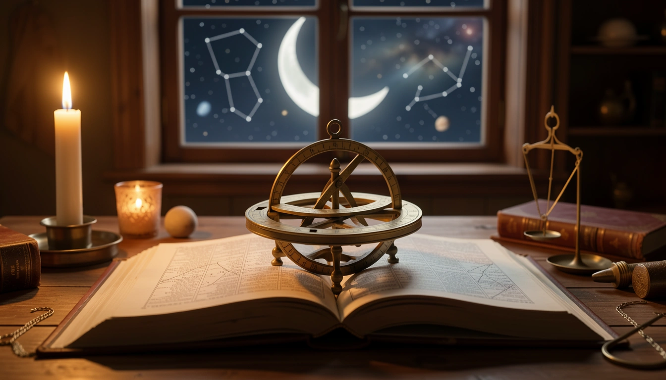 Brass astrolabe and open ephemeris book by candlelight with crescent moon through window