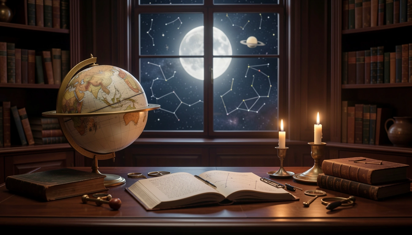 Celestial globe and open journal in moonlit study