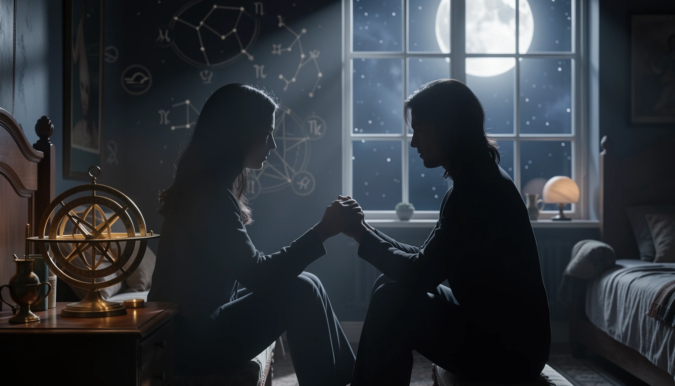 Two silhouettes facing each other in moonlit room with astrolabe, emotional compatibility scene