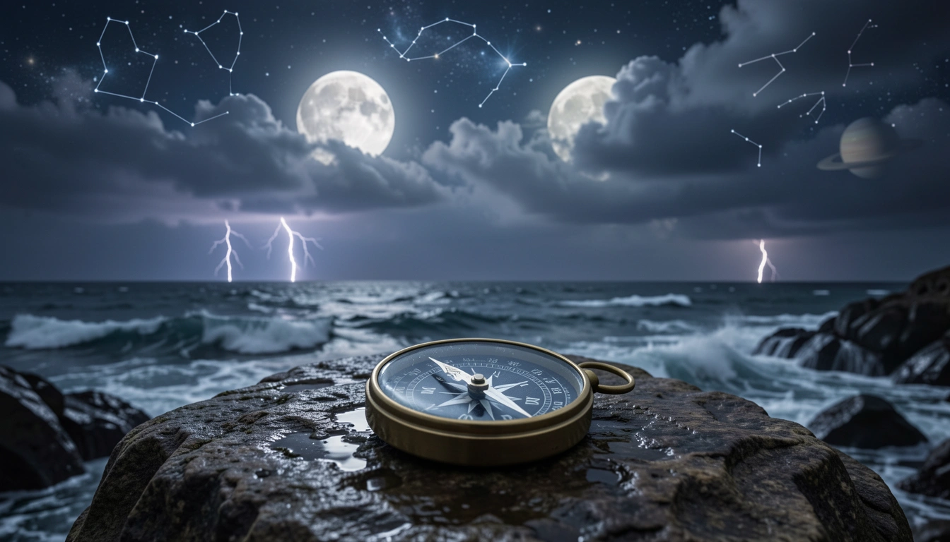 Stormy coastline with two obscured moons and a spinning compass, representing challenging moon sign combinations and emotional tension.