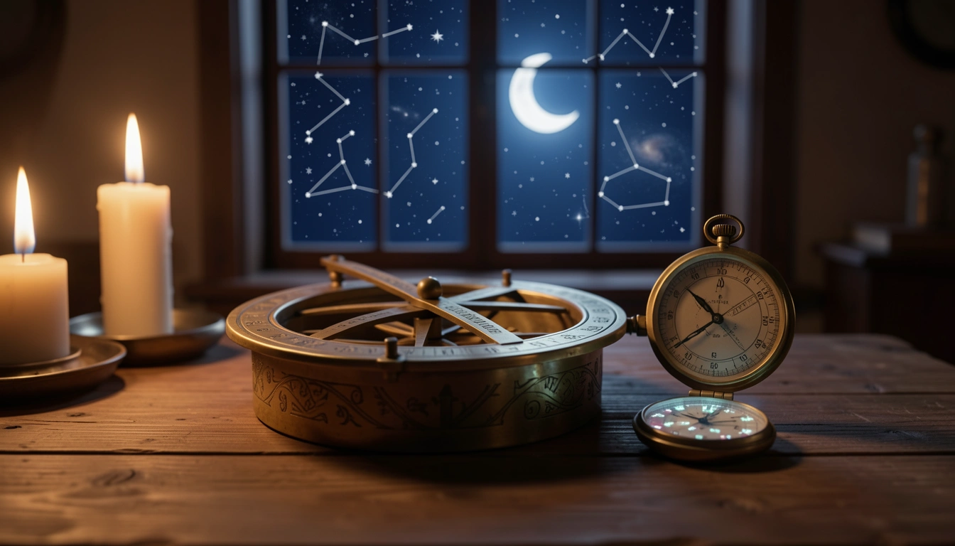 Antique brass astrolabe and pocket watch by candlelight with crescent moon visible through window