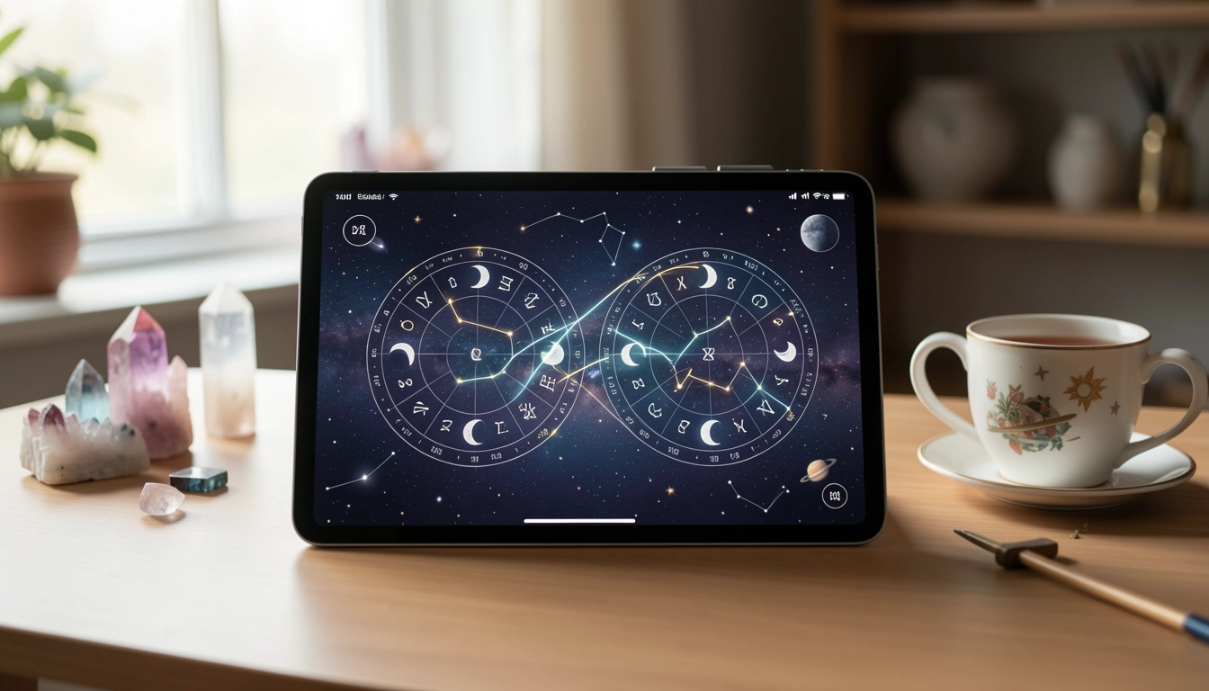 Tablet displaying two birth charts with Moon symbols connected by lines, on a desk with crystals and tea, representing the free moon sign compatibility calculator interface.