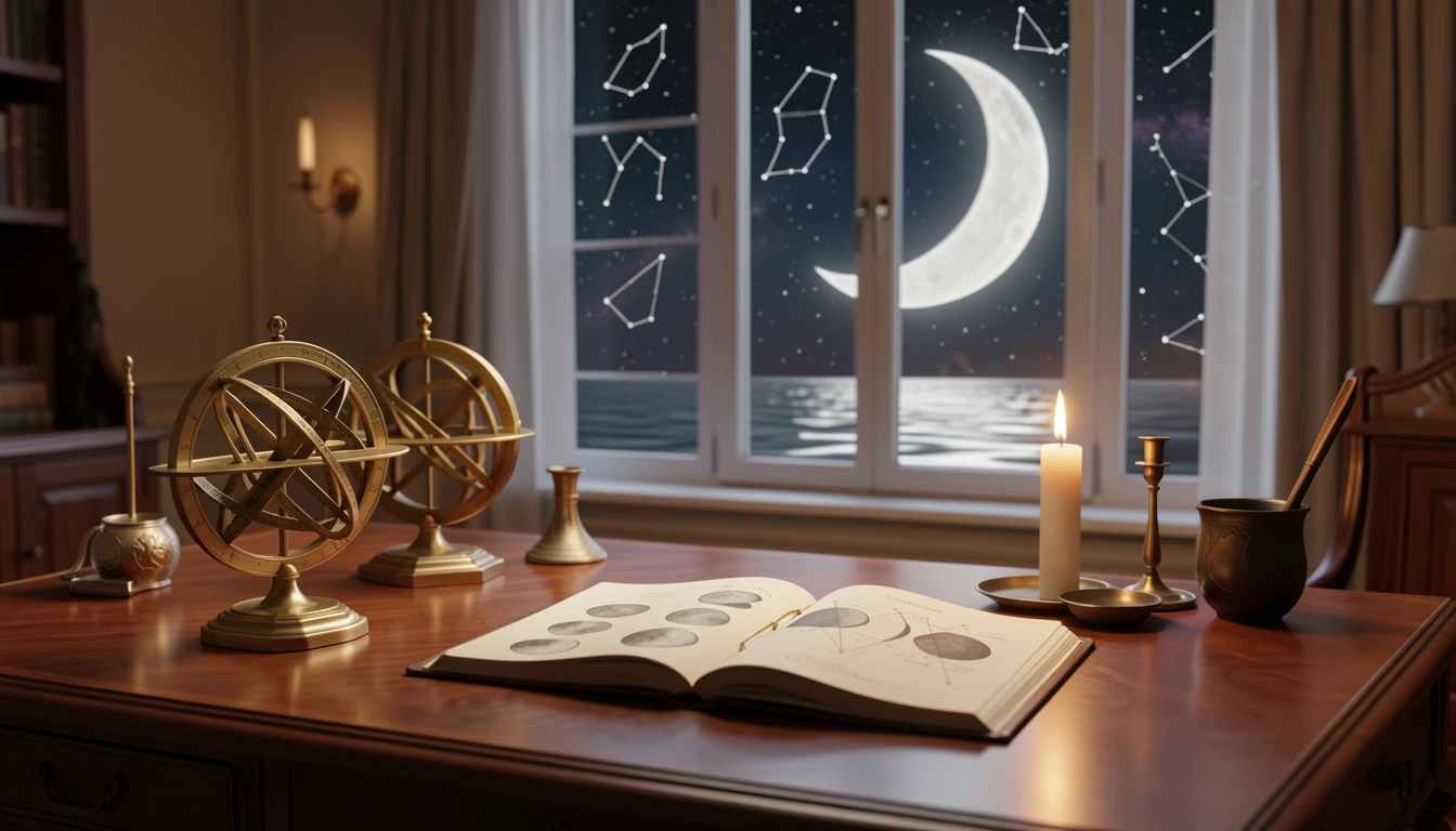 Two brass astrolabes on a wooden desk, a crescent moon glowing outside a window, evoking emotional compatibility reading.