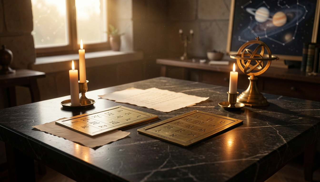 Two brass numerology tablets and parchment on a candlelit stone table beside an astrolabe