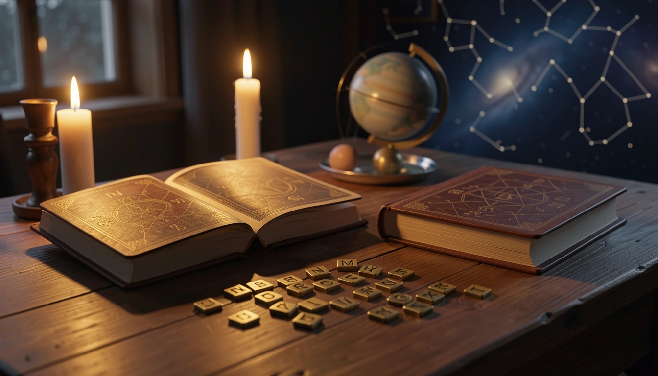 Two open journals and brass letter tiles on a candlelit stone table