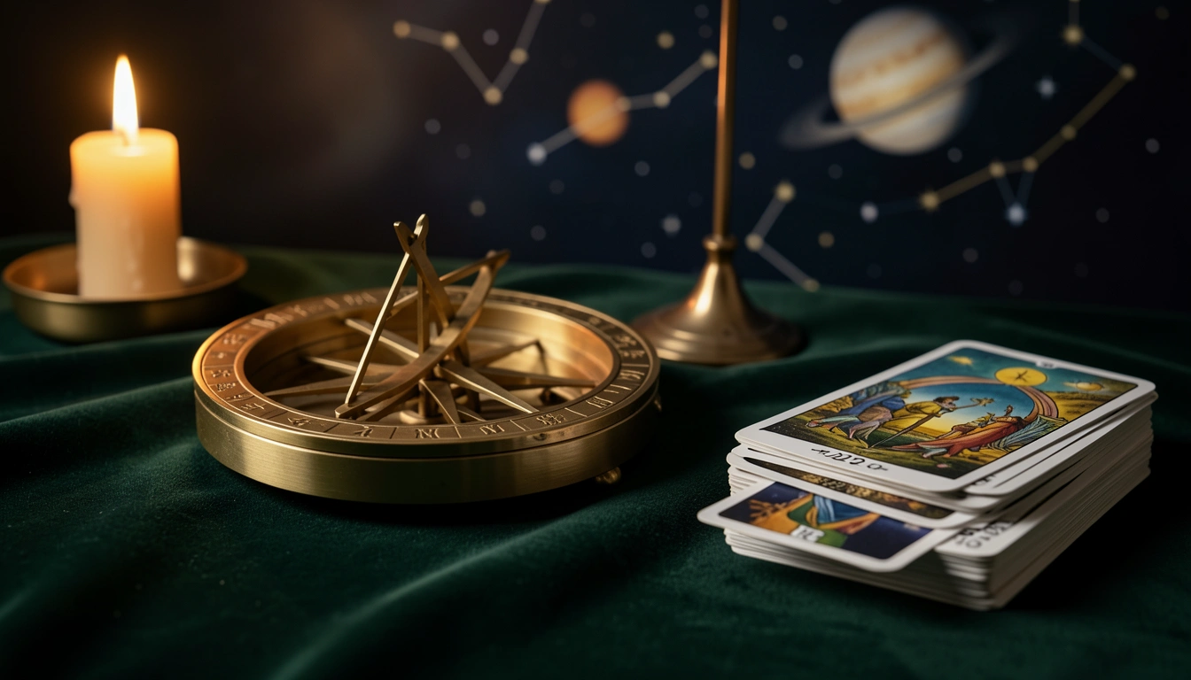 Brass astrolabe and numbered cards on velvet under candlelight