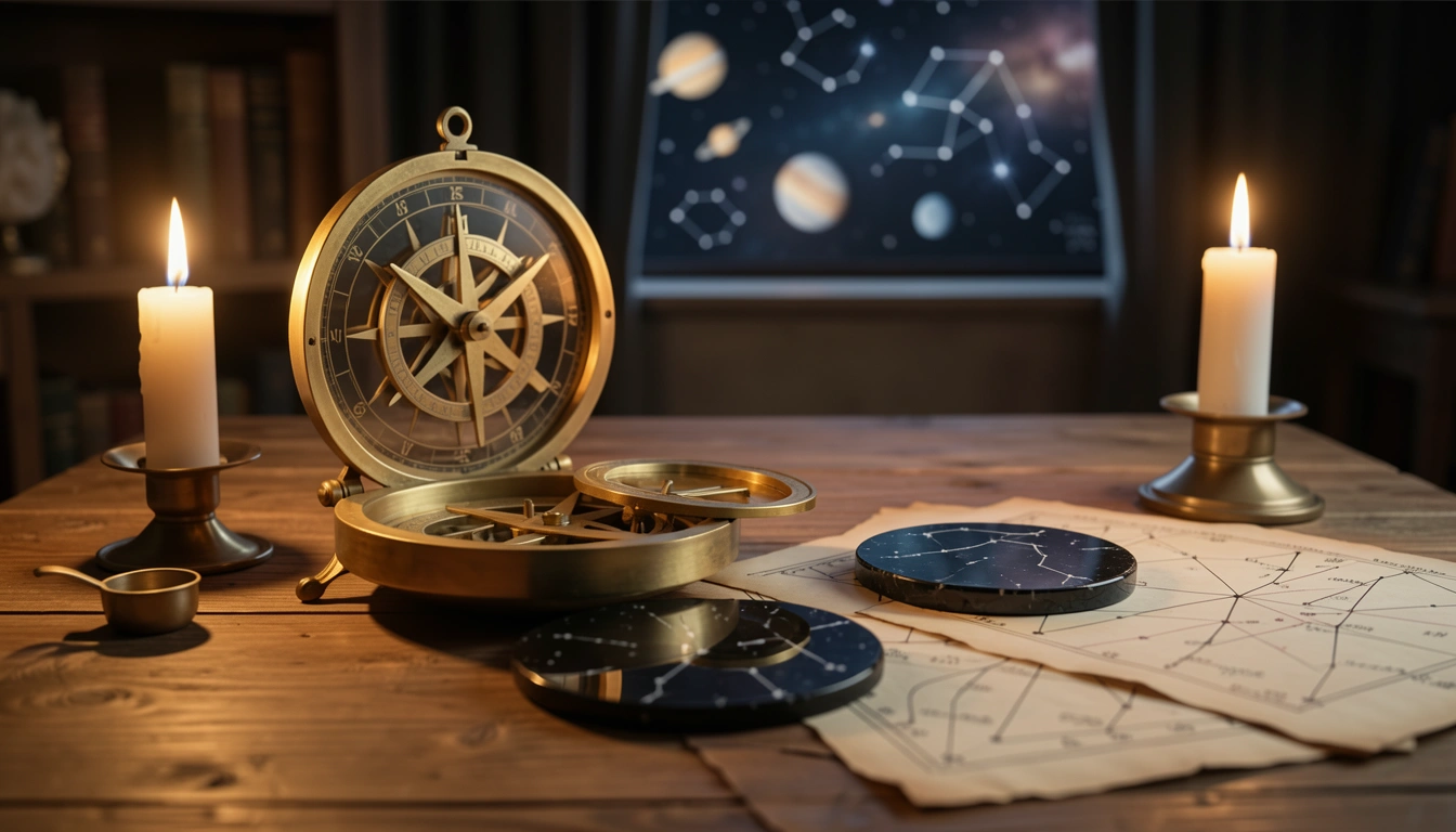 Brass astrolabe and parchment charts on a candlelit wooden table