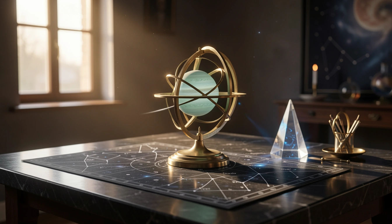 Brass orrery displaying a pale blue planet in retrograde motion under golden side-light
