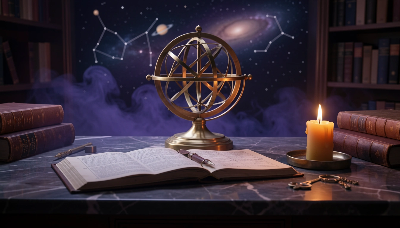 Brass orrery and candlelit ephemeris on a dark desk under violet haze