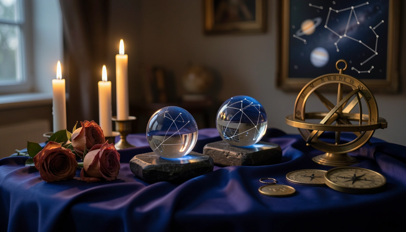 Candlelit table with crystal spheres, silk and a brass astrolabe evoking Neptune retrograde relationship reflection