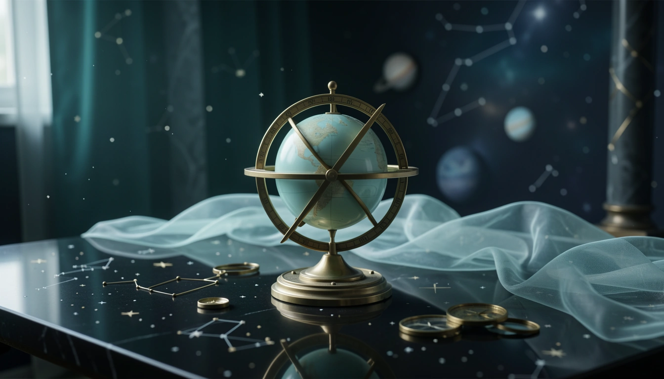 Brass orrery with a pale Neptune sphere on dark polished stone under cool side-lighting