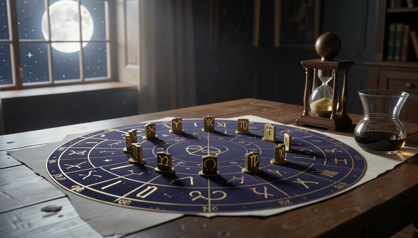 A zodiac wheel with brass symbols and ink on parchment in a moonlight study