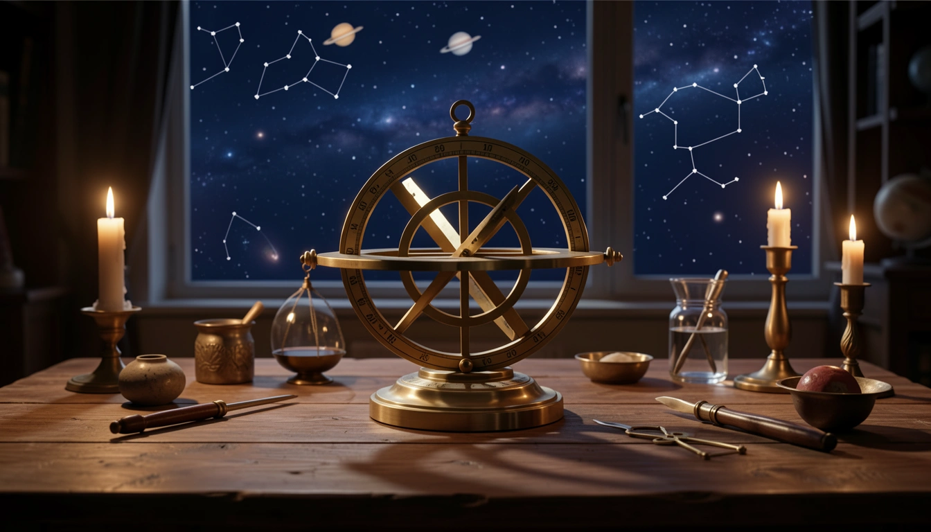Brass astrolabe on a candlelit table under a starry sky representing Neptune's mystical influence.