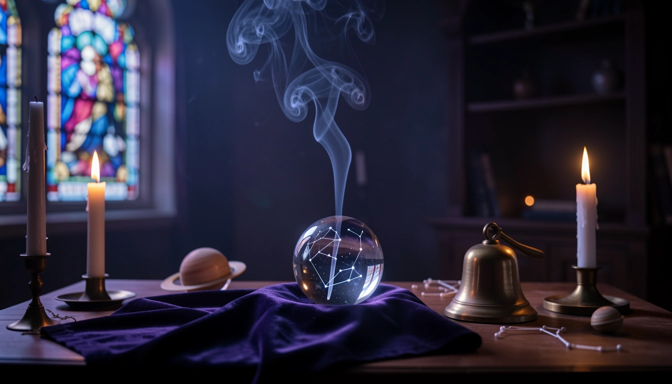 Candlelit room with crystal ball and incense representing Neptune's connection to intuition and spirituality.
