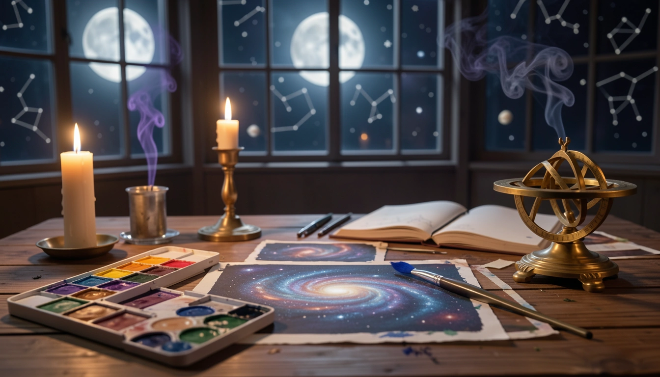 Candlelit painting table with celestial watercolour sets and brass astrolabe