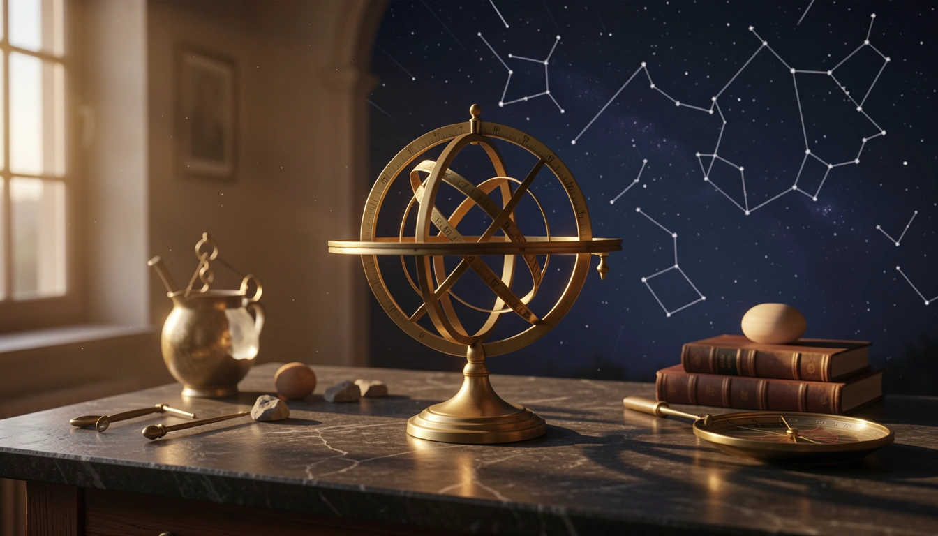 Brass armillary sphere on stone table under golden side light