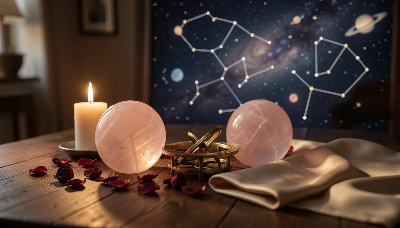 Rose quartz spheres and a brass astrolabe on a candlelit table