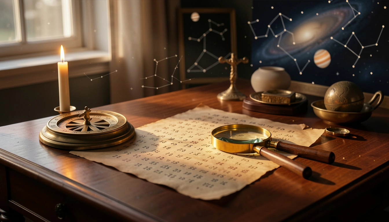 Antique brass numerology wheel and parchment on a candlelit desk