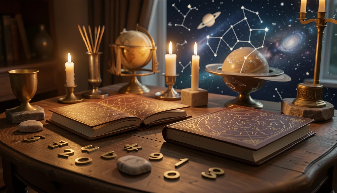 Two numerology journals and brass digits on a candlelit stone table