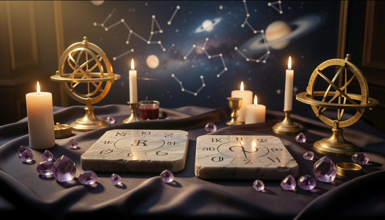 Two stone tablets with numerals arranged on a candlelit ritual table beside brass instruments