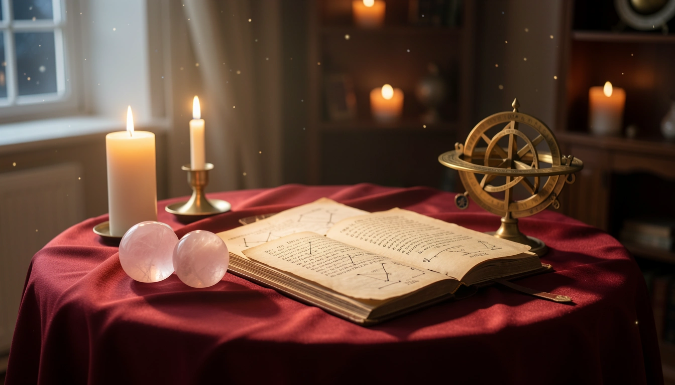 Rose quartz spheres and brass astrolabe on a candlelit silk-draped table