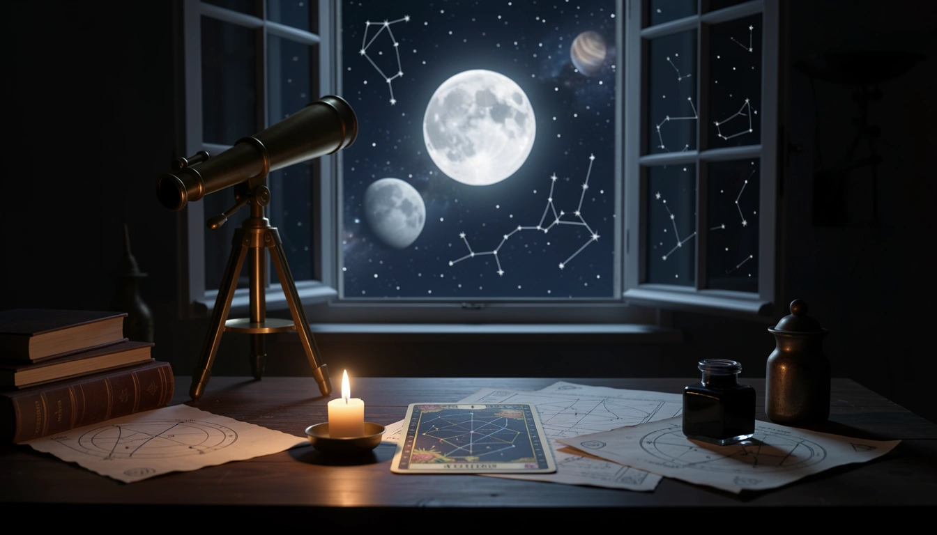 A tarot card in candlelight with a telescope pointing at the full moon