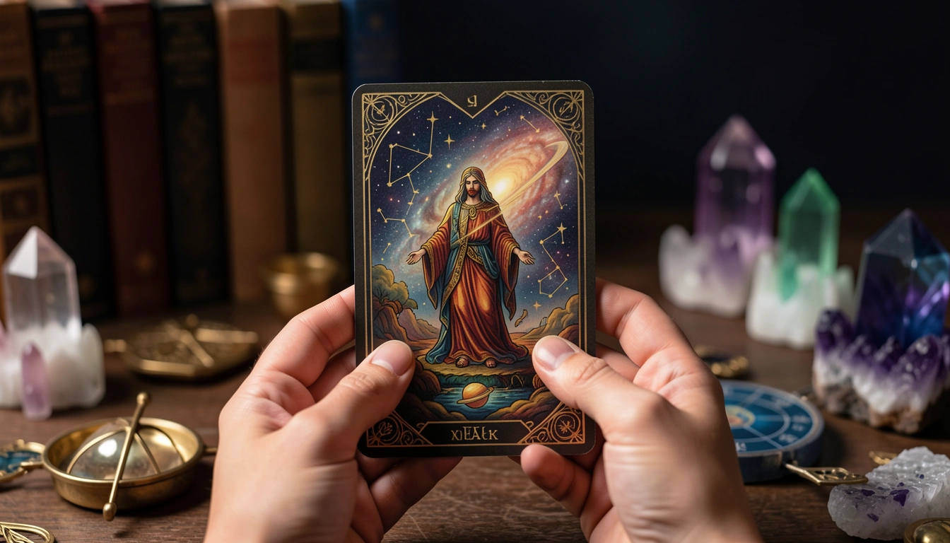 Close-up of a tarot card with gold foil details held by hands, with books and crystals in the background