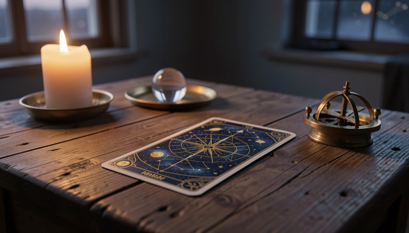 A single tarot card on a wooden table with candlelight and brass astrolabe, dusk light, cinematic mood.
