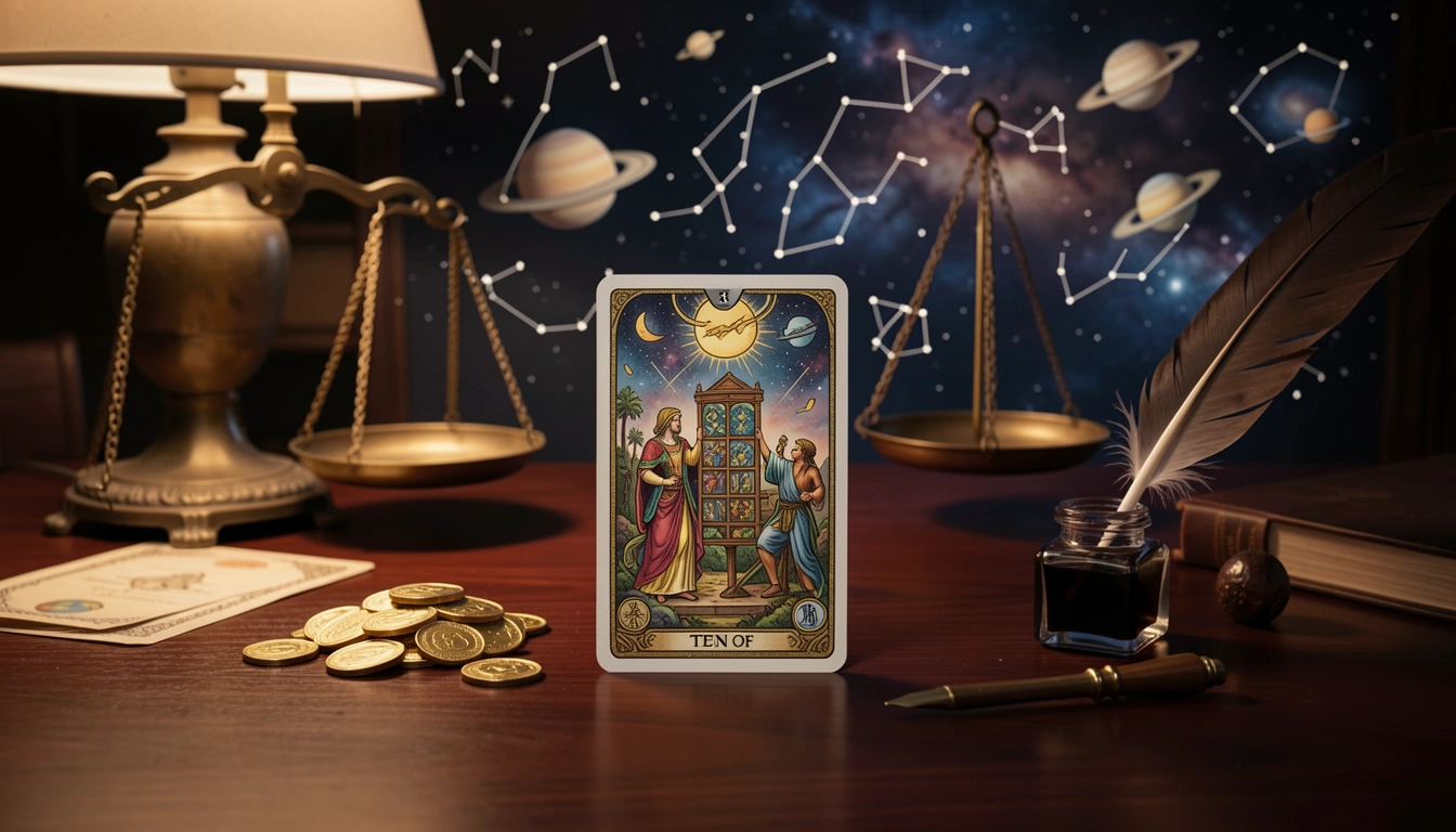 The Ten of Pentacles tarot card on a desk with brass scale, gold coins, lamplight, professional mood.