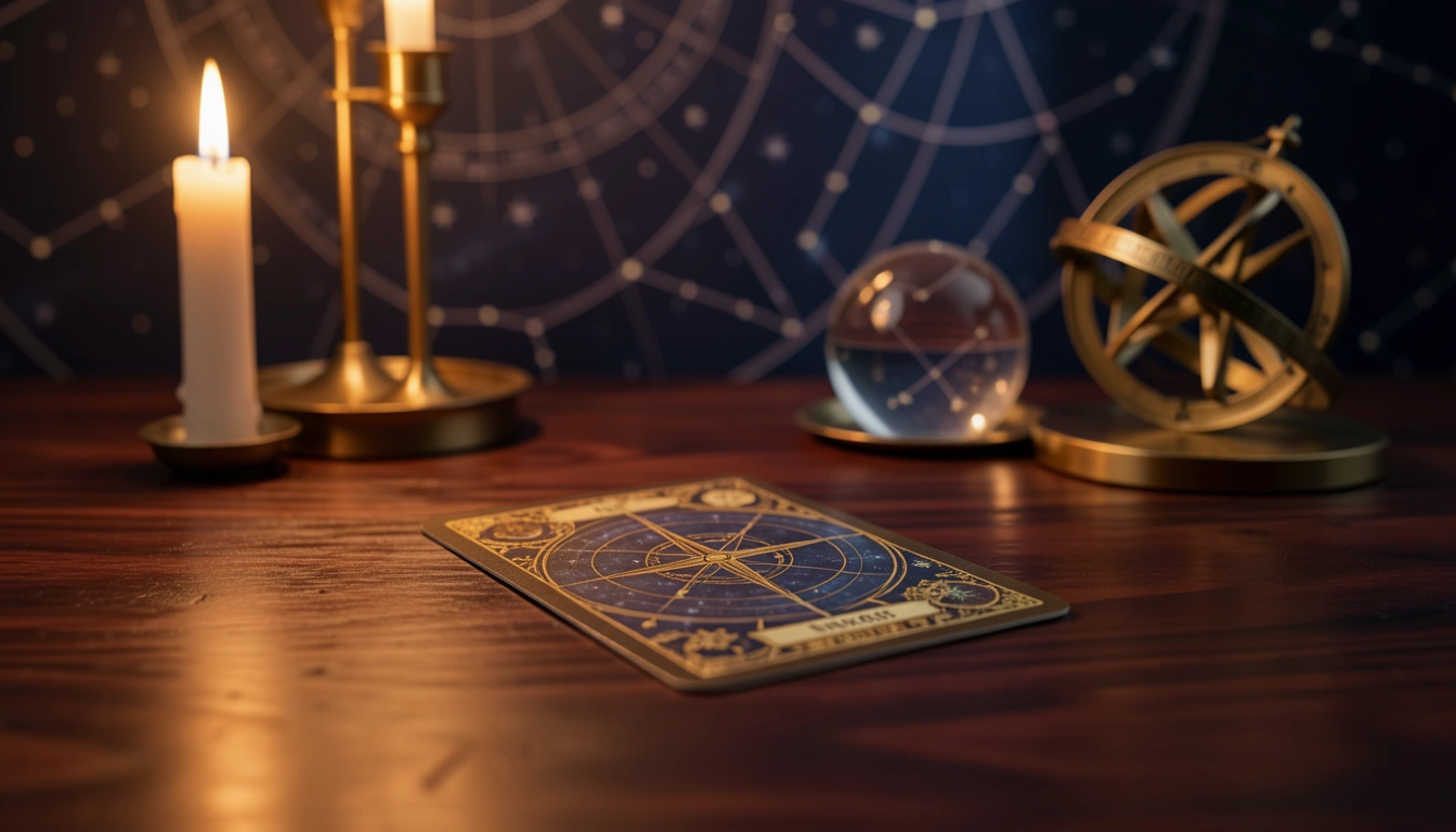 A single tarot card beside a brass astrolabe and crystal sphere in warm candlelight