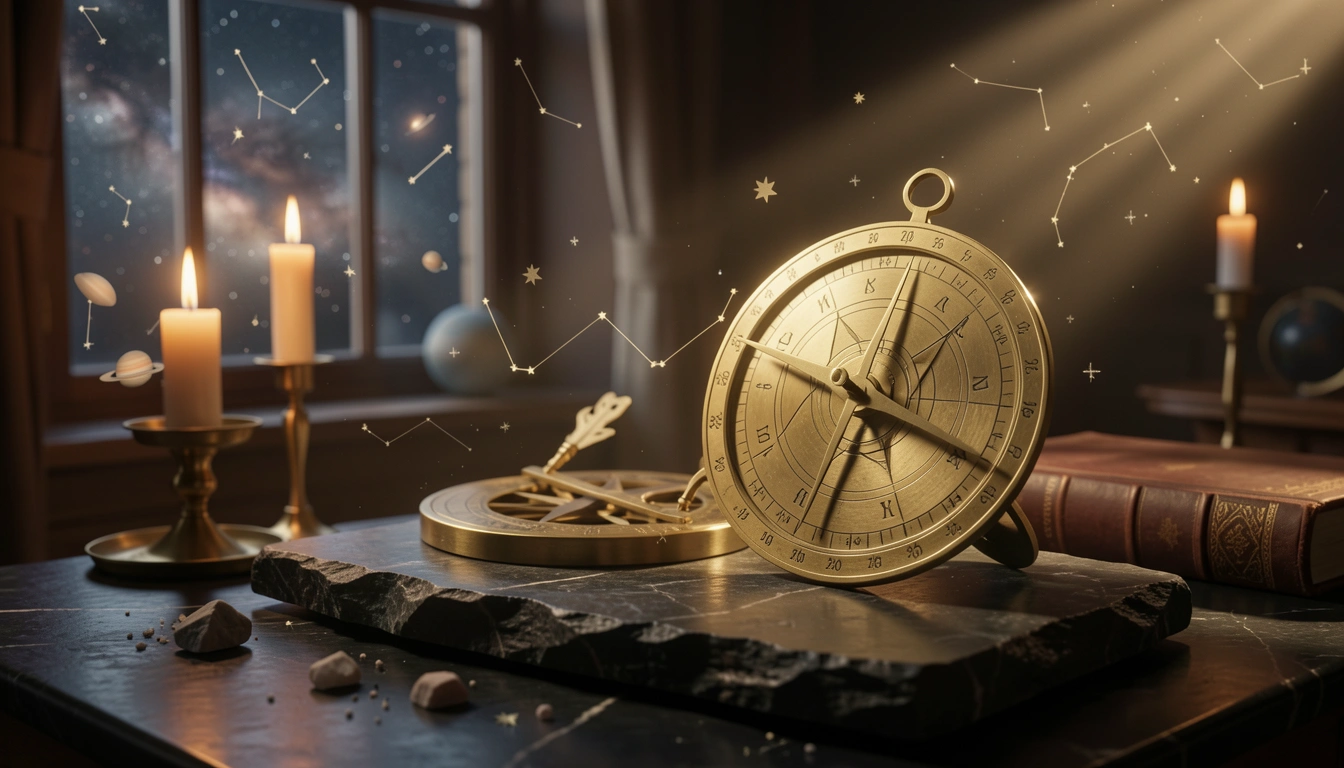 Brass astronomical instrument measuring declination under warm side-lighting