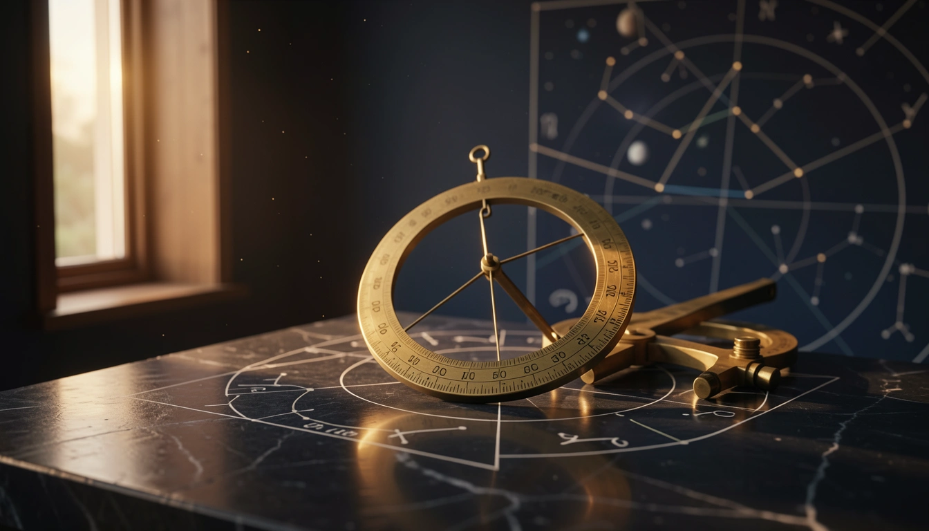 Brass astronomical instruments measuring declination on a dark stone surface