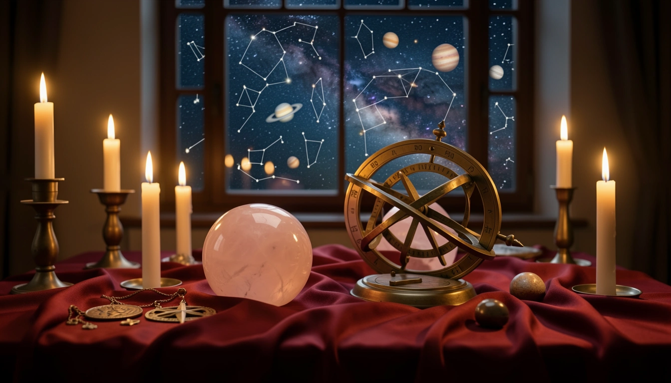 Candlelit table with rose quartz spheres and a brass astrolabe against a night sky.