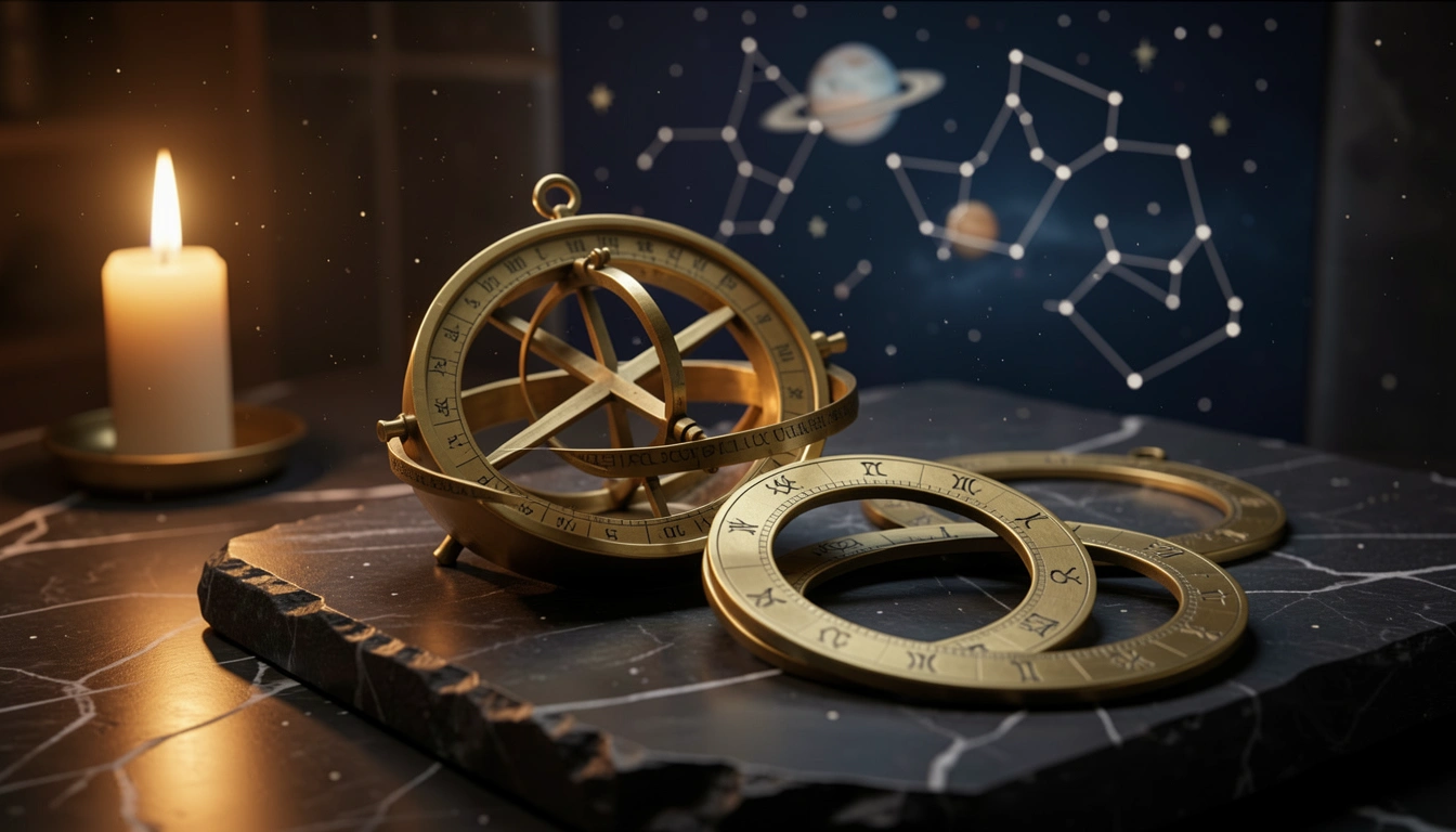 Brass astrolabe and zodiac rings on dark stone under candlelight