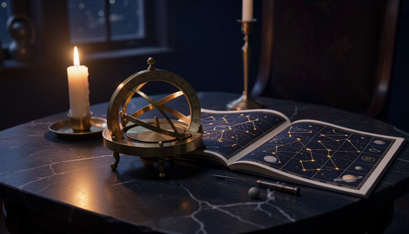 Brass astrolabe and star chart on a candlelit stone table